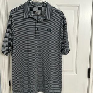 UA Gray w/navy stripe heat gear polo shirt loose XL EUC no rips tears or stains.